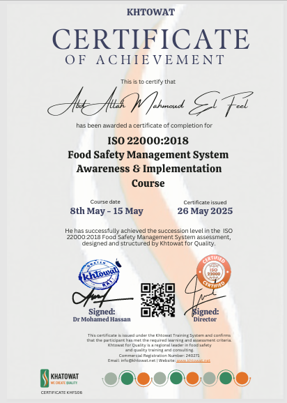 ISO 22000 Training Certificate