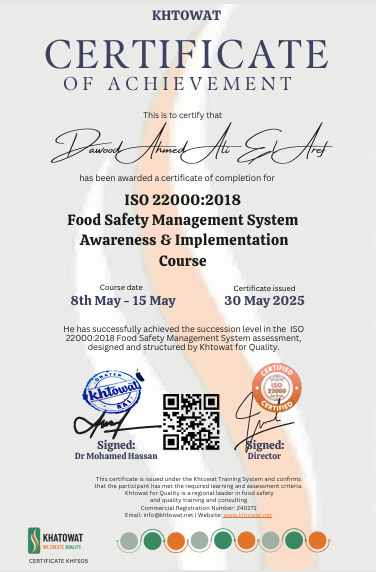 ISO 22000 Training Certificate