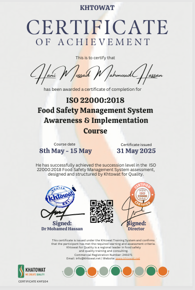 ISO 22000 Training Certificate