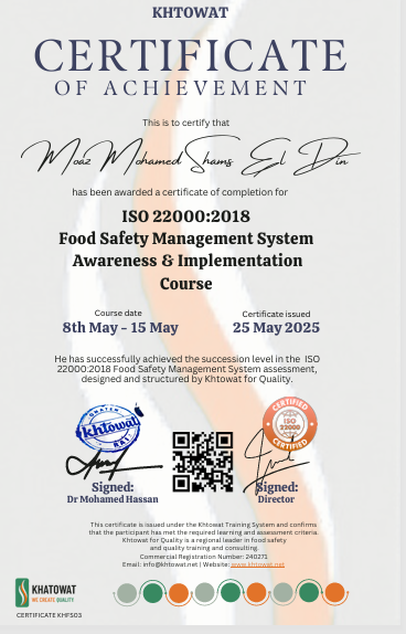 ISO 22000 Training Certificate